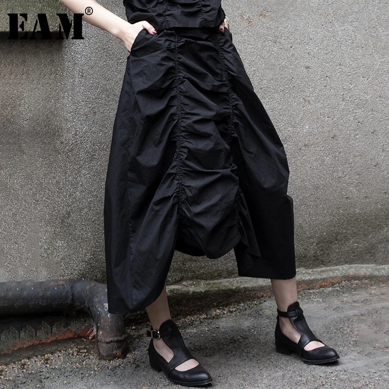 

[EAM] 2019 New Spring Summer High Elastic Waist Black Pleated Irregular Hem Personality Half-body Skirt Women Fashion Tide JT541