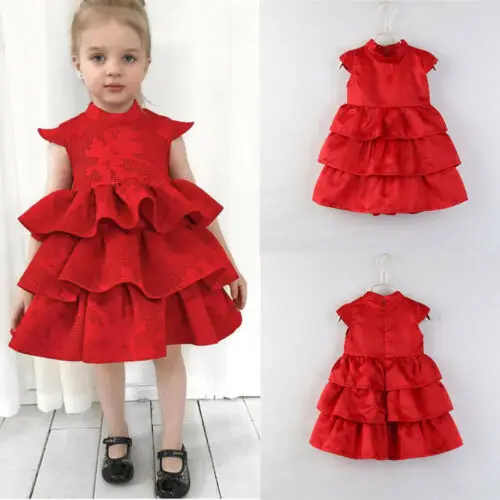

UK Baby Kids Girl Princess Sleeveless Bridesmaid Party Wedding Tulle Red Dress