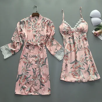 

2019 Summer Women Robe Gown Sets With Chest Pads Sexy Satin Sleepwear Lace Nightdress Bride Bridesmaid Robes Silk Pyjama