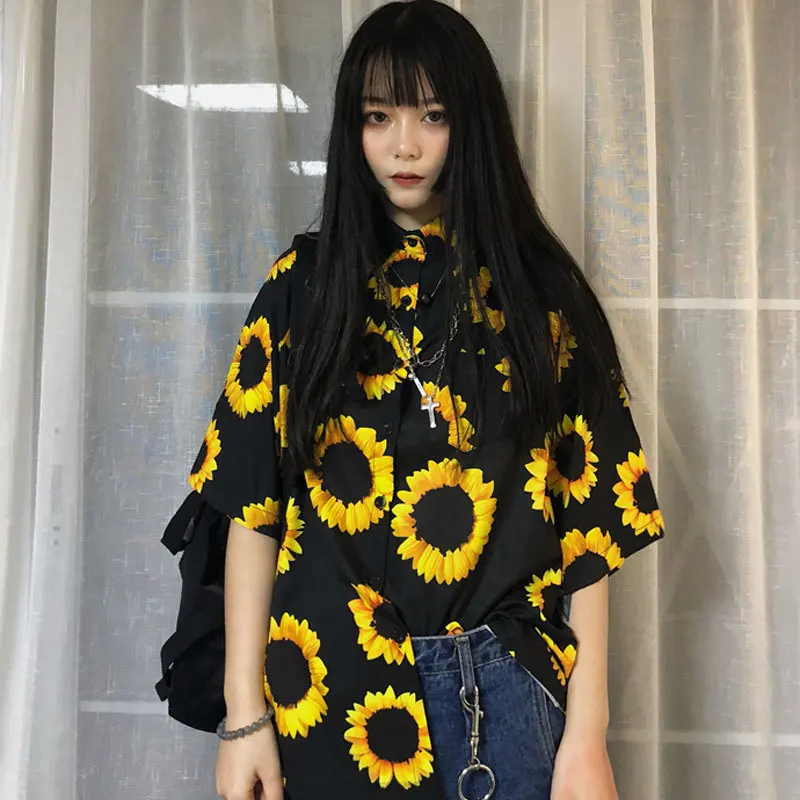 

#5037 Summer 2019 Black Long Shirt For Women Short Sleeve Loose Sunflower Printed Vintage Fashion Retro Blouse Female Harajuku