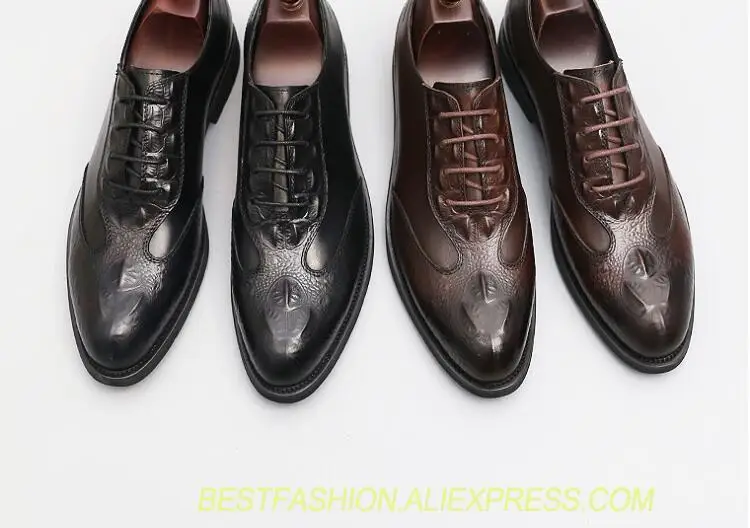 

Pointed toes dress shoes men lace-up genuine leather smart casual shoes embossing new low heel male brogue