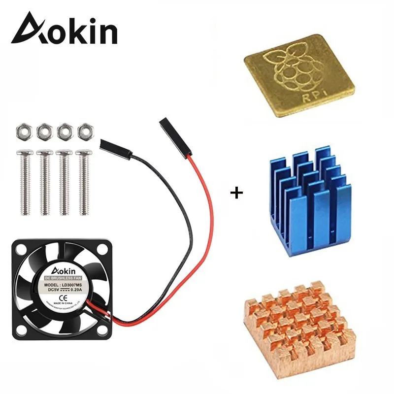 Охлаждающий вентилятор Aokin 5 V/3,3 V с винтами + теплоотвод 1 алюминий с 2 медью для Raspberry Pi 3/Pi 2 Модель B RPI B +