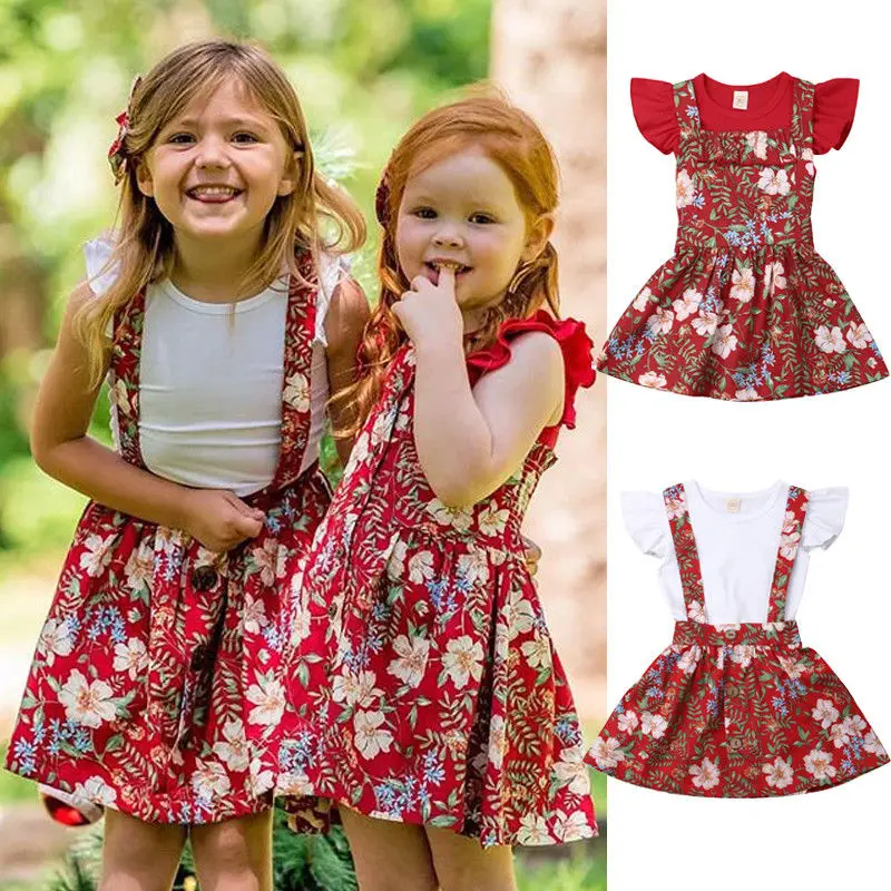 

2019 Summer Family Matching Kids Baby Girls Big Little Sister T-shirt Strap Skirt Party Outfits Set