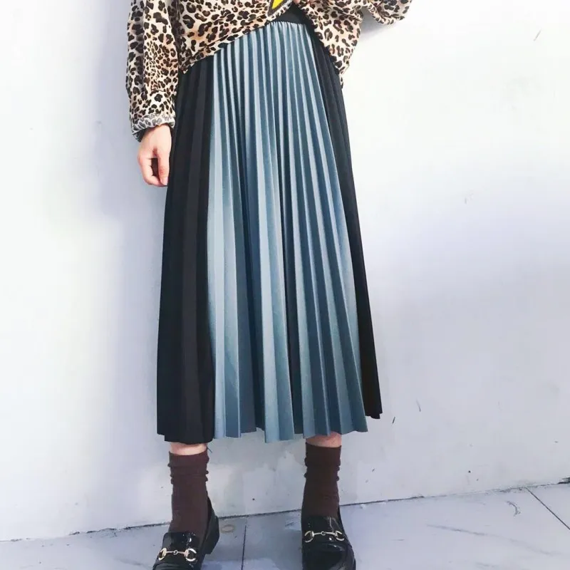 

Pleated Skirt 2019 Spring Summer Korean Split Joint Hit Color Midi Skirt High Waist Office Lady Bottoms Fashion Streetwear