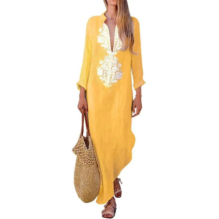 Женские хлопок белье Платье макси с длинным рукавом повседневное Boho кафтан