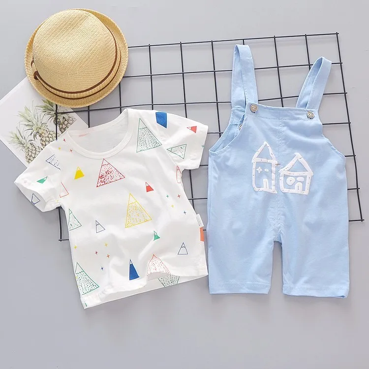 Summer Baby Girls Boys Clothes Infant Color T Shirt Kids Cartoon House Pattern Bib Pants 2pcs/sets Children Casual Sport Suits