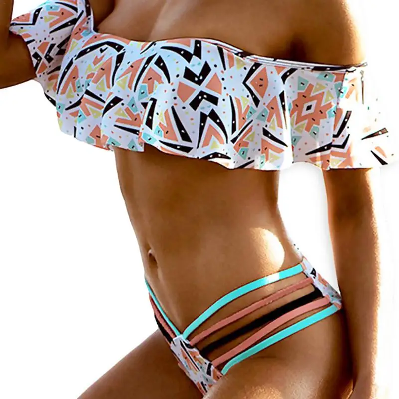 

2019 Summer Padded Strapless Lace Crop Top Sexy Bikinis Set Women Plus Size Off Shoulder Swimsuit Printed Swimwear Bathing Suit