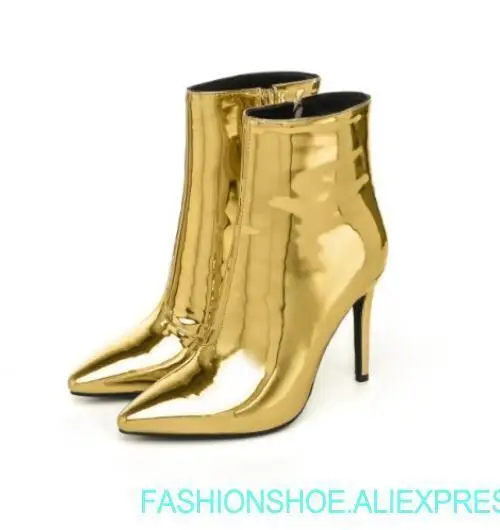 

fashion woman glitter silver gold mirror leather pointed toe high heel black sole zipper short ankle woman boots custom make