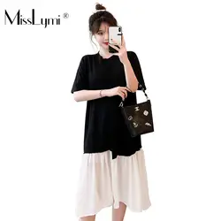 XL-5XL Большие размеры корейский стиль повседневные платья Летняя женская одежда 2019 короткий рукав хлопок лоскутное свободные рюшами миди