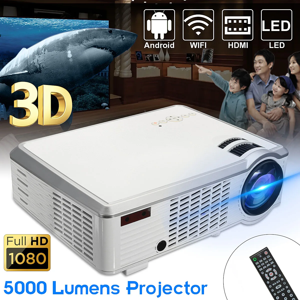5000 Lumens 1080P Full HD 3D LED Projector Android 4.4 Home Theater Cinema Multimedia Wireless HDMI USB AV with Remote Control