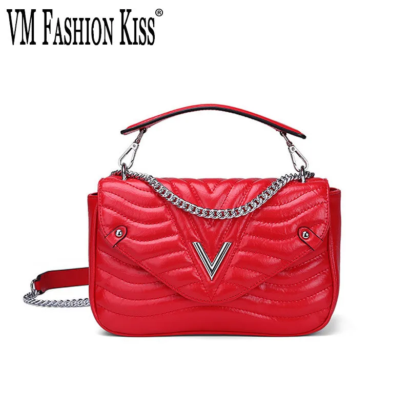 

VM FASHION KISS New Genuine Leather Ladies Ins Chain Hand Top-handle Bags For Women Handbags Small Shoulder Bag High Quality