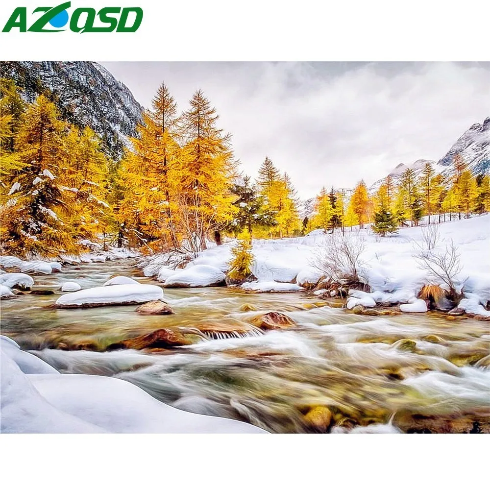 

AZQSD Diamond Mosaic Snow Diamond Embroidery Winter River DIY Full Square Diamond Painting Wood Handicraft Gift Home Decoration