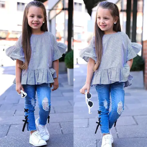 

AU Toddler Kids Baby Girl Ruffle Stripe Tops Denim Pants Jeans Outfits Clothes