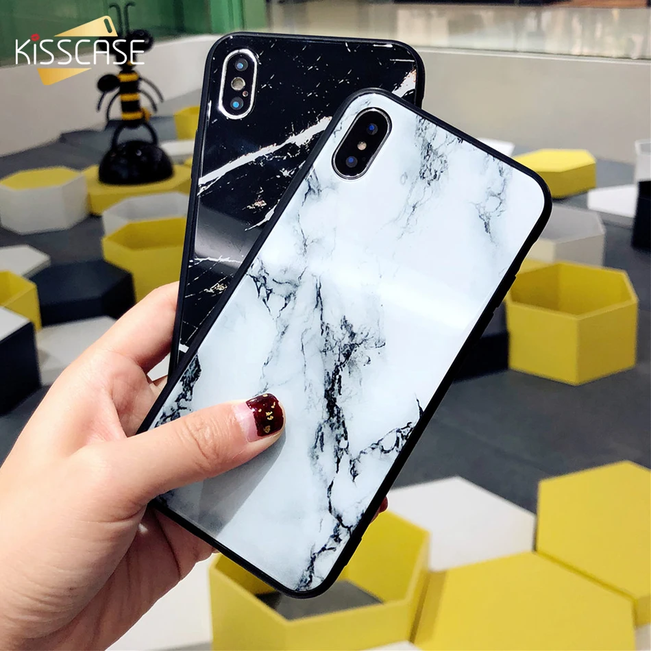 KISSCASE чехол из закаленного стекла для iPhone X XS 7 Plus мраморный узор стекло с мягкими