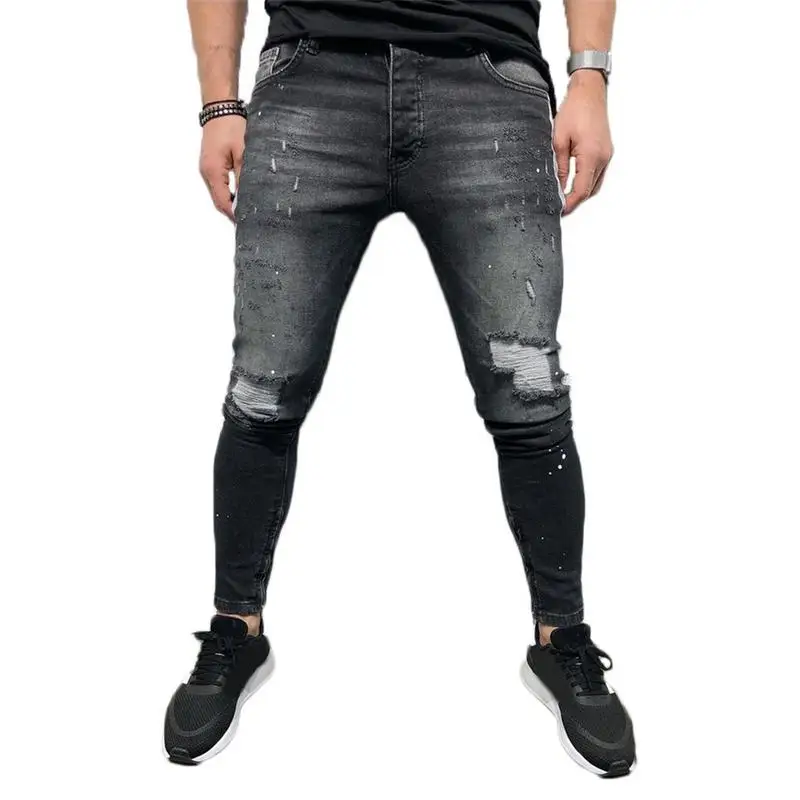 

Europe And America Trend Hole Denim Feet Men's Pants Slim Black Solid Jeans Stretch Pencil Pants Casual Skinny Street Style