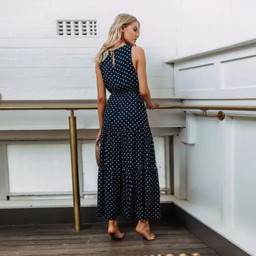 2019 Bobo Women Dark Blue Boho Loose Sleeveless Holiday Dot Print Long Maxi Dress Evening Party Beach Dresses Summer Sundress
