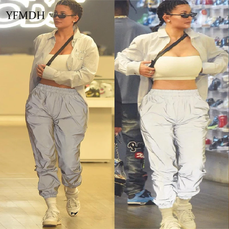 

2019 Spring Fashion Reflective Cargo Pants Pockets Streetwear Women Casual Harem Pants High Waist Trousers Female Sweatpants