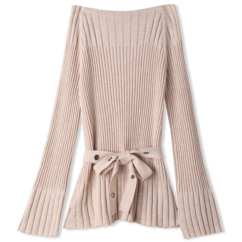 Women's new slash neck knitted tops solid color long-sleeved sweater flare sleeves long sweater women autumn and winter 18069 Women's new slash neck knitted tops solid color long-sleeved sweater flare sleeves long sweater women autumn and winter 18069