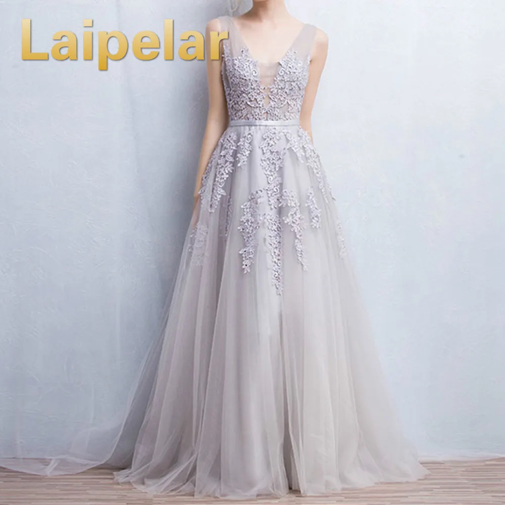 

Sexy V-neck Party Dress Robe De Soiree 2019 High Quality Grey Tulle With Applique Party Dresses Luxury Clothes Vestido De Festa
