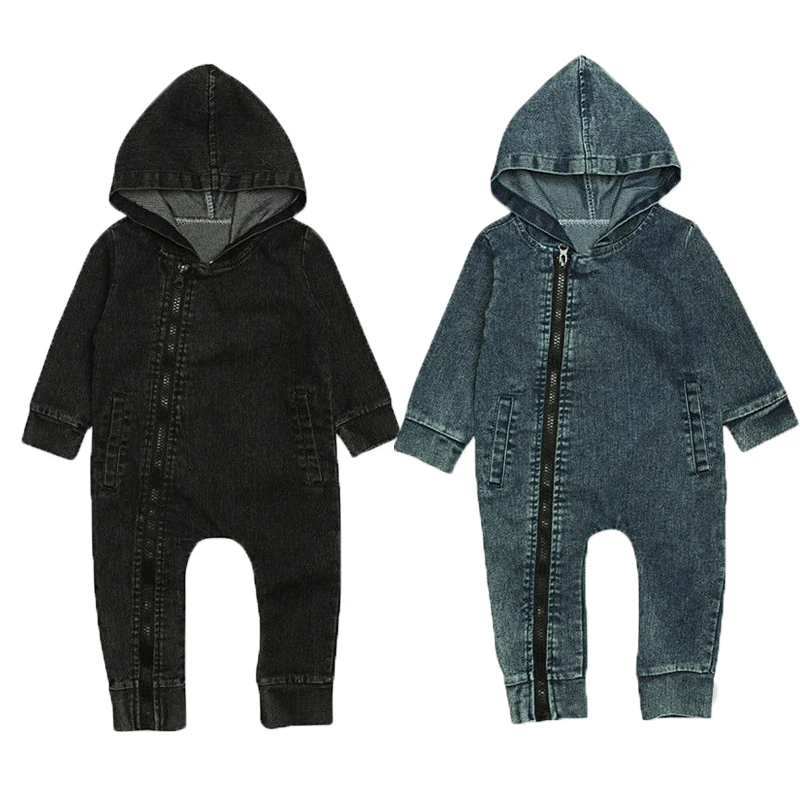 

2018 Newly Fashion Infant Kids Baby Boys Denim Romper Long Sleeve Zipper Hooded Solid Jumpsuits Clothes 2 Colors