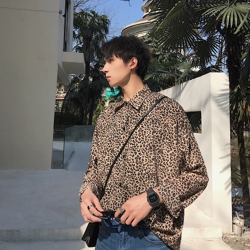 

Fashion Leopard Printing Shirt Men Thin Cool Shirt Korean Shivering 2019 Summer Streetwear Turn Down Collar Long Sleeve Camisa