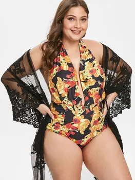 

Wipalo Women Plus Size Floral Print Halter Backless One Piece Swim Wear Sexy Plunging Neck Beach Wear Summer Casual Bathing Set