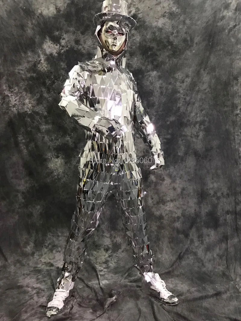 

Sexy Male Singer Sequin Bodysuits ds Lens Oblique Silver Star Mirror Costume Mens Performance Party Dance Show Bodysuit with Hat