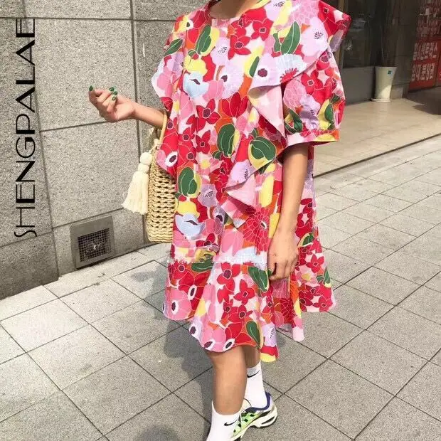 

SHENGPALAE Flower Printing Round Collar Puff Sleeve Vestidos New Arrival Summer Spring Vintage Loose Women Dress 2019 FN114
