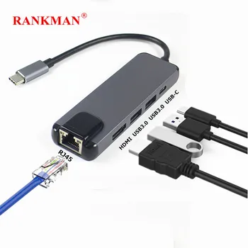 

Rankman Type-C to Gigabit Ethernet RJ45 Lan 4K HDMI USB 3.0 USB-C Adapter for MacBook Samsung S8 Dex Huawei P20 Projector TV