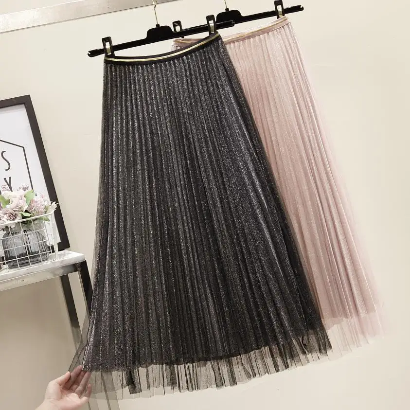 Летняя сетчатая юбка розовая черная модная плиссированная юбка женская одежда