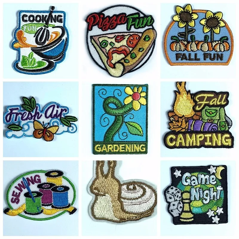 

High Quality Fall Camping Pizza Fun Letter Patches Iron On Sunflower Health Notice Applliques DIY Decoration Clothes Stickers