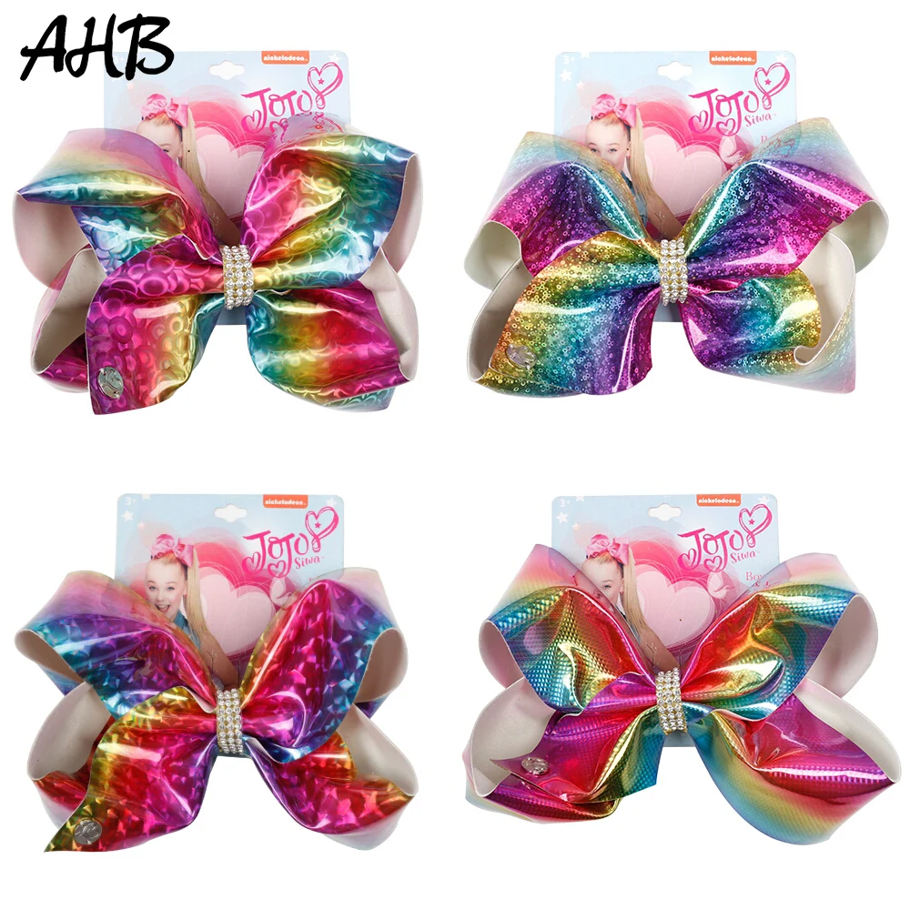 

AHB Fashion Soft Leather 8" Large Hair Bows Hair Clips for Girls Rainbow BowKnot Rhinestones Hairgrips Kids Hair Accessories