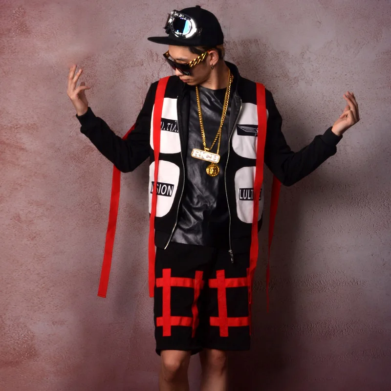 

Custom Made Men Ribbon Splice Jacket + Short Trousers Set Male Hip Hop Coat Nightclub Stage Show Costumes