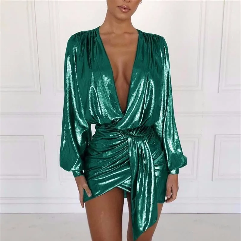 

Fuedage Summer Sexy Bodycon Dress Women Long Sleeve reflective Party Dress Elegant Mini Autumn Wrap Bandage Dress Vestidos 2019