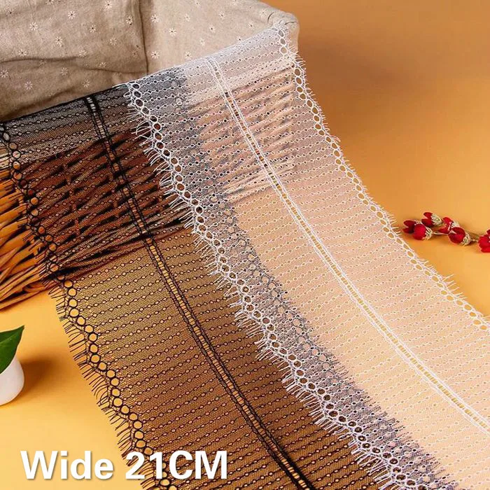 

21CM Wide Lastest Tulle Eyelash Lace Fabric Applique Trim Delicate Embroidered Ribbon Sewing Curtain Wedding Dress Fringe Decor