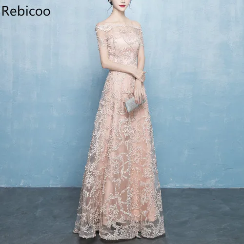 

Elegant Long Party Dress Off the Shoulfer Lace Embroidery Prom Formal Dress Evening 2019 New Lace up A-line Banquet Gowns