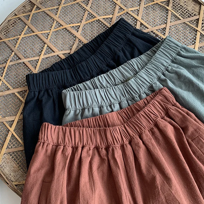 

Linen Cotton Haren Radish Pants Women Casual Solid Loose Ankle Length Pant Trouser Elastic High Waist Pink Pants Bottoms