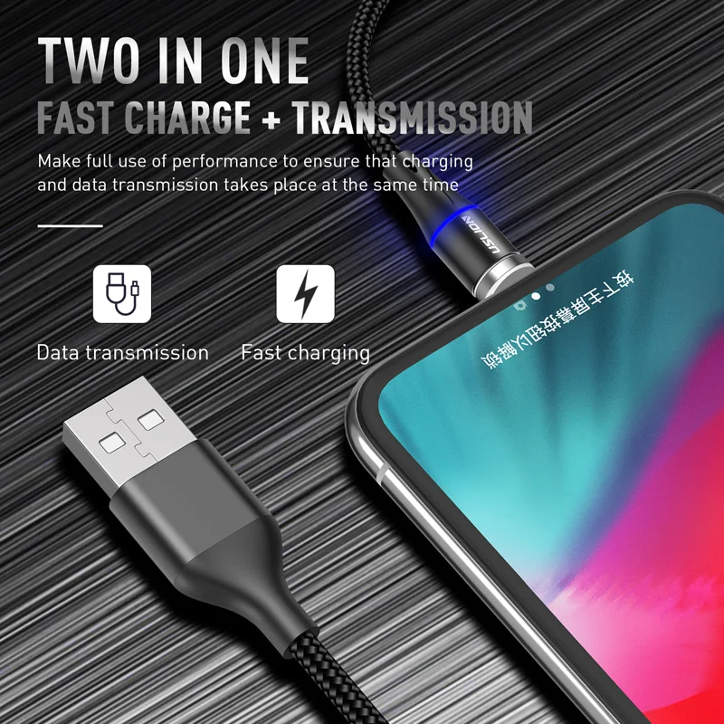 USLION QC3.0 Быстрая зарядка Магнитный кабель Micro USB для iPhone Samsung магнитное зарядное