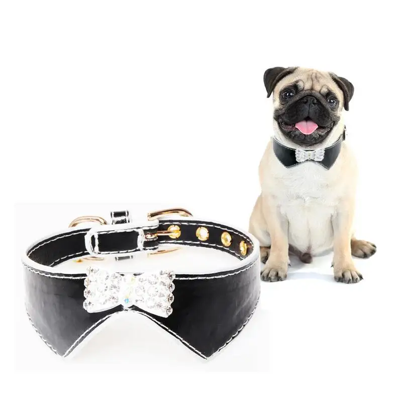 

Hot Bling Diamond Crystal Dog Collar Bowknot PU Leather Pet Adjustable Collar Puppy Cat Choker Pets Supplies Products