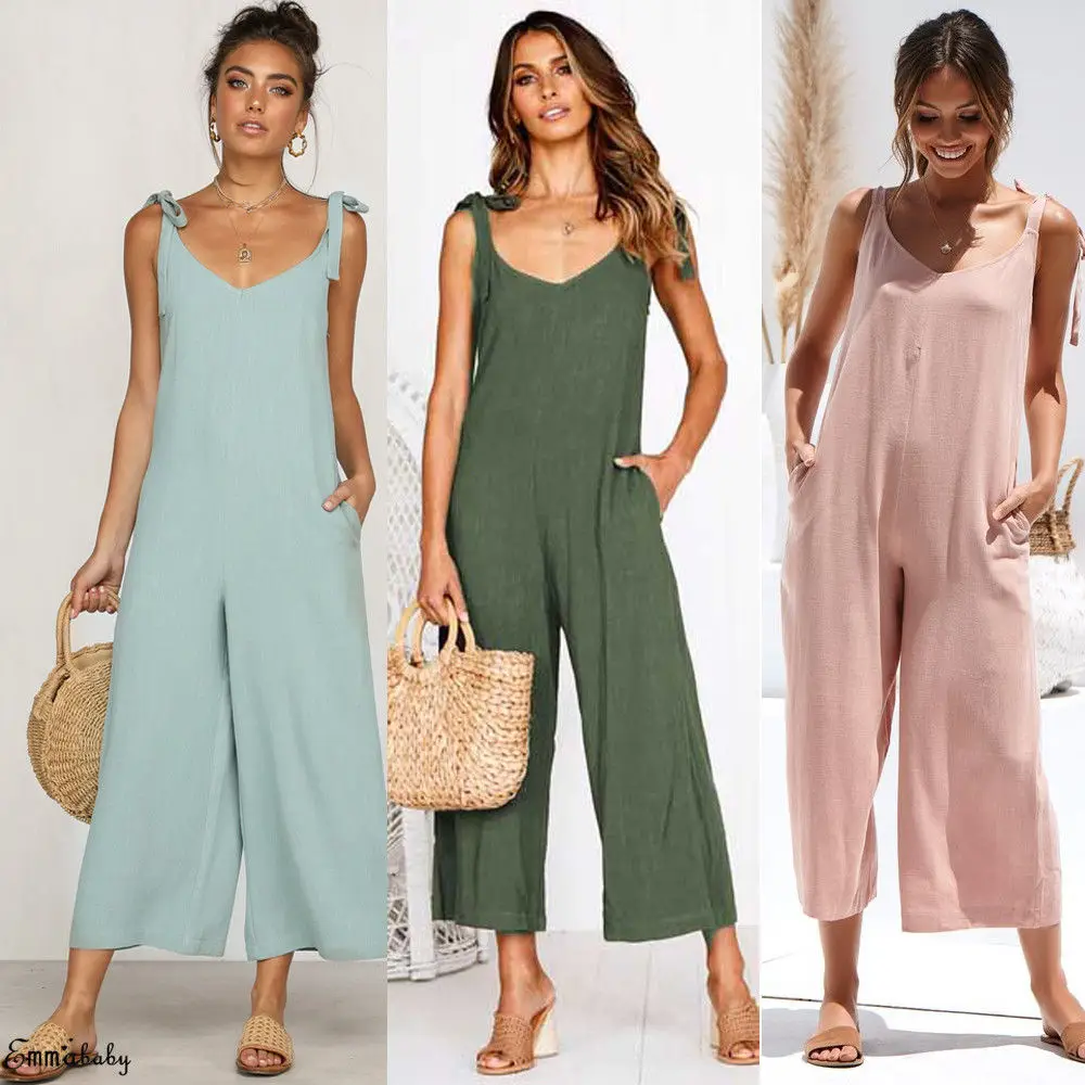 

2019 Ladies Solid Loose Jumpsuit Backless Playsuits Women Casual Summer V-Neck Sleeveless Jumpsuits