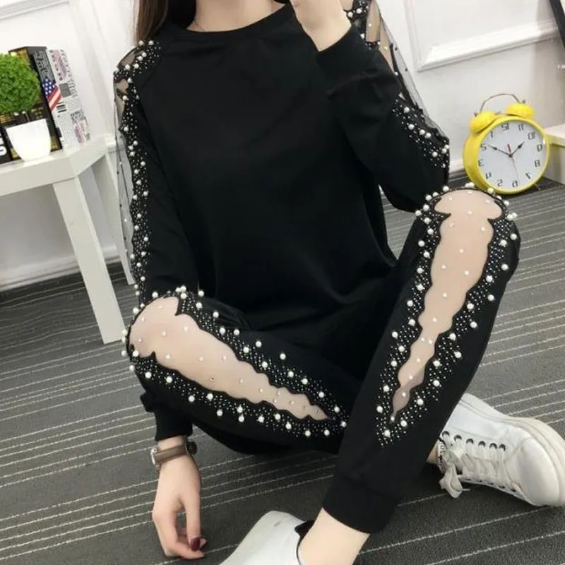 

2019 Autumn new Sportswear Women Long Sleeve 2 Piece Women Sportswear Set Black Casual Tops Pants Set plus Size 4XL Female h67