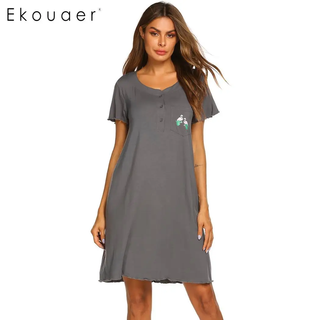 

Ekouaer Summer Nightgown Women Sleepwear Dress O-Neck Short Sleeve Front Button Pocket Decoration Chemise Night Dress