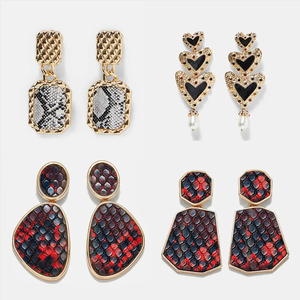

Flatfoosie ZA Heart Long Dangle Earrings For Women Gold Color Punk Fashion Leopard Print Leather Statement Party Earring Jewelry