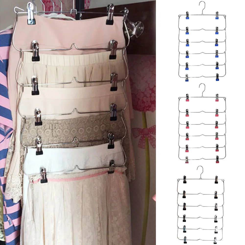 

6 Layer Space Saving Foldable Closet Organizer Pants Non-Slip Steel With Clips Wardrobe Skirt Trouser Hanger Tie Rack