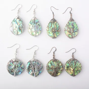 Charming Abalone Shell Handmade Wire Winding Life  Chakra Tree Teardrop Coin Oval Dangle Earring 1 Pair