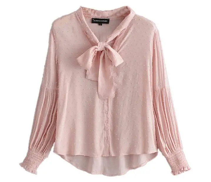 

2019 Spring Women Long Sleeves Pink Color Bow Knot Blouse Sweet Lady Loose Pink Shirt Bow Knot Tops