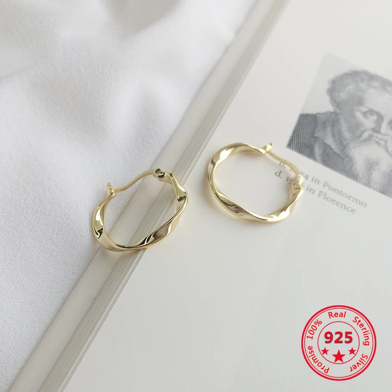 

Pure 925 Silver European American New Design Fashion Simple Gold Twist Hoop Earrings Fine Jewelry Dropshipping