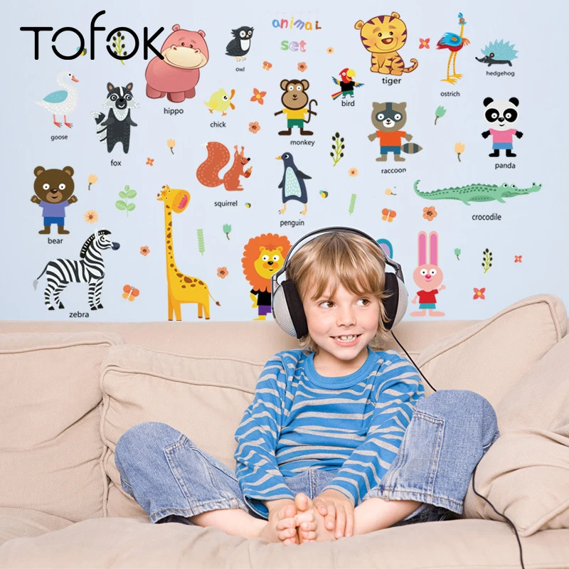 

Tofok Cartoon Animals DIY Wall Sticker for Kids Room Nursery Funny Background Decorative Wallpaper PVC Home Store Mural Decals