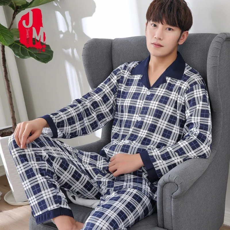 

Sleep Cotton Men Pyjama Set Spring Cardigan Pajama Man Solid Long Sleeve Pajama Male Turn-down Collar Autumn Pijama Men M L-XXXL