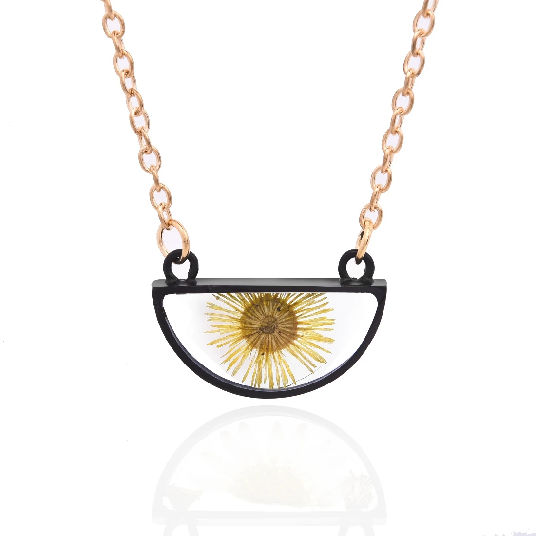 

Half Circle Resin Dry Flowers Daisy Pendant Necklace Gold Oil Paper Transparent Jewelry Sliver Black Color Rim For Girl Women